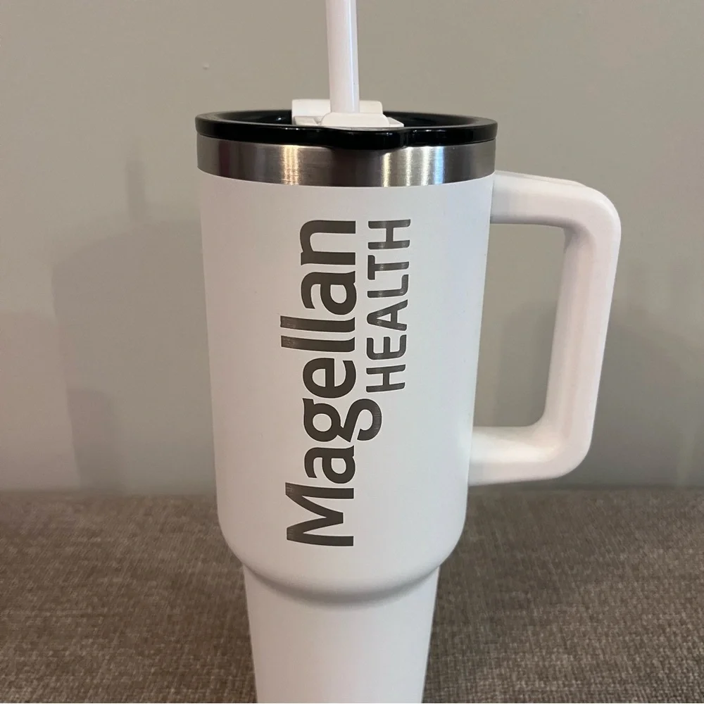 New Magellan Health White Metal Stainless Steel Handled Tumbler Cup w/ Straw